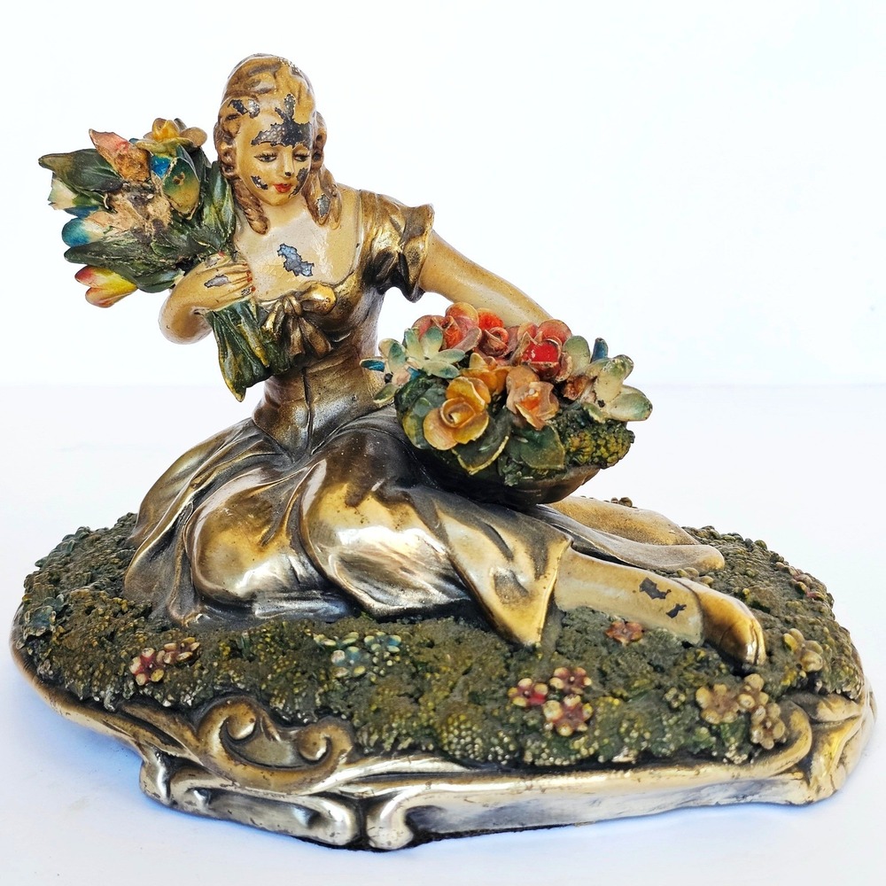 Vintage Signed Italian Seated Woman Flower Basket Figurine Gold Gilt Statue